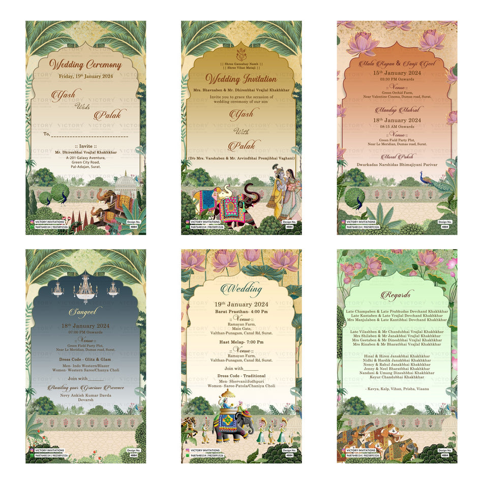 Traditional Indian wedding digital invitation card set 4884 featuring Yash and Palak, Mandap Muhurat, Sangeet, and Wedding Ceremony templates.
