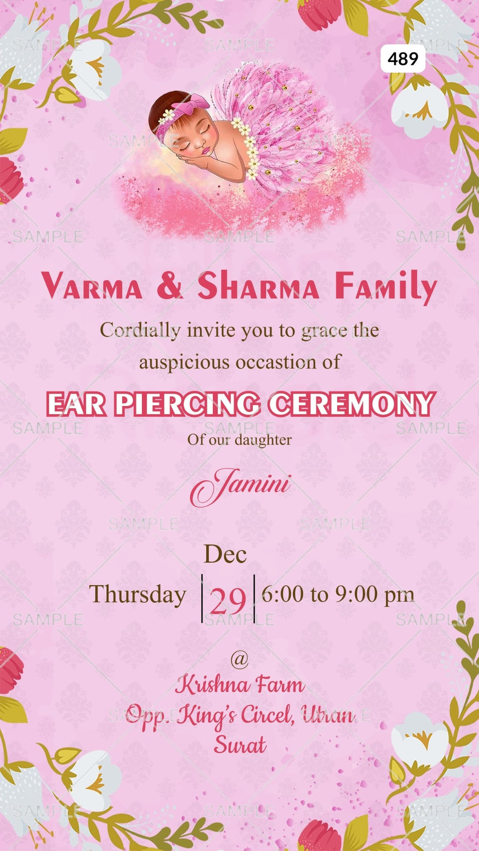 Ear Piercing ceremony invitation card Canva Editable Template in english language with baby doodle, flowers as floral theme design 489