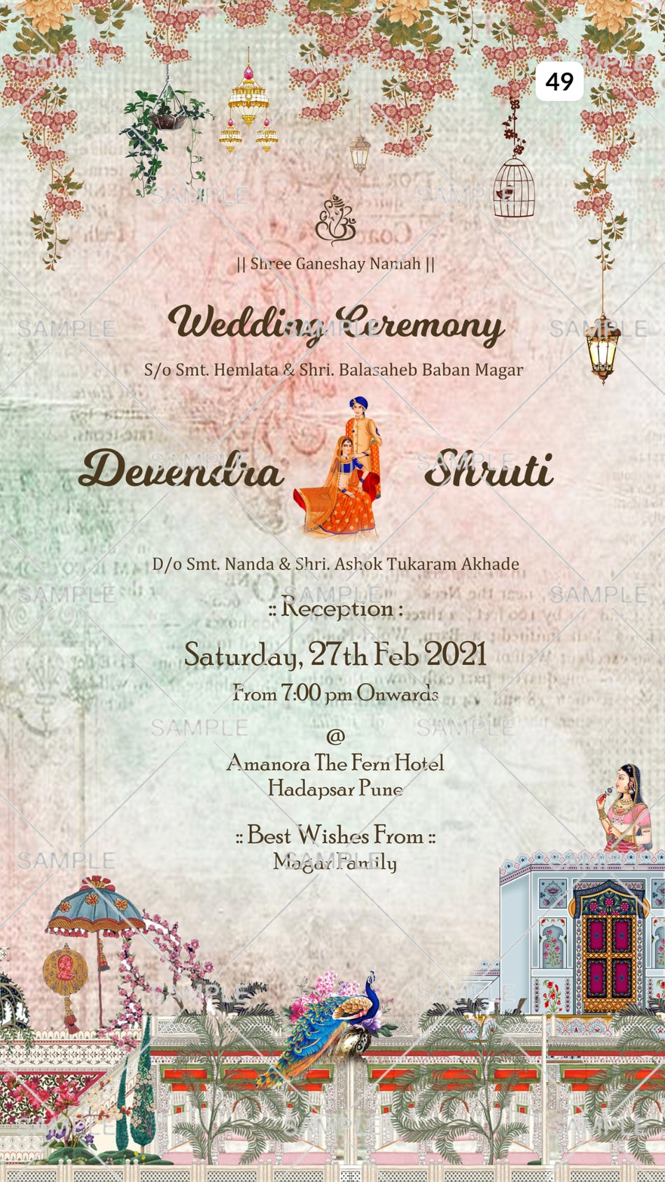 Wedding ceremony invitation card Canva Editable Template of hindu maharashtrian marathi family in english language with  Traditional theme design 49
