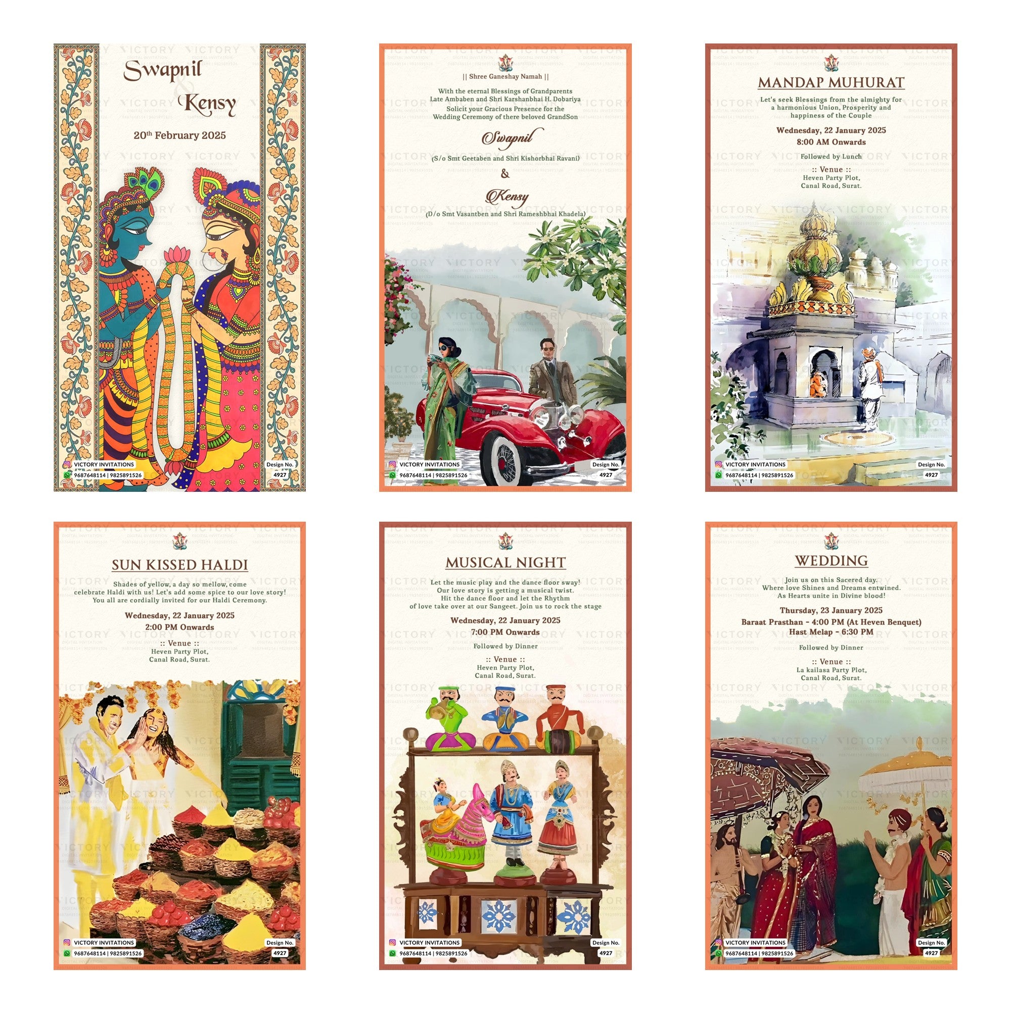 Traditional Indian folk art themed wedding digital invitation card set 4927 featuring Swapnil and Kensy, Mandap Muhurat, Sun Kissed Haldi, Musical Night, and Wedding templates.