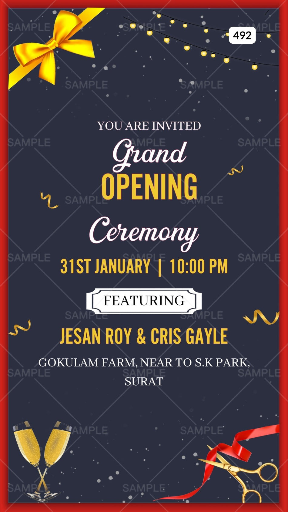 Opening invitation card Canva Editable Template in english language with ribin,scissor as minimalistic theme design 492
