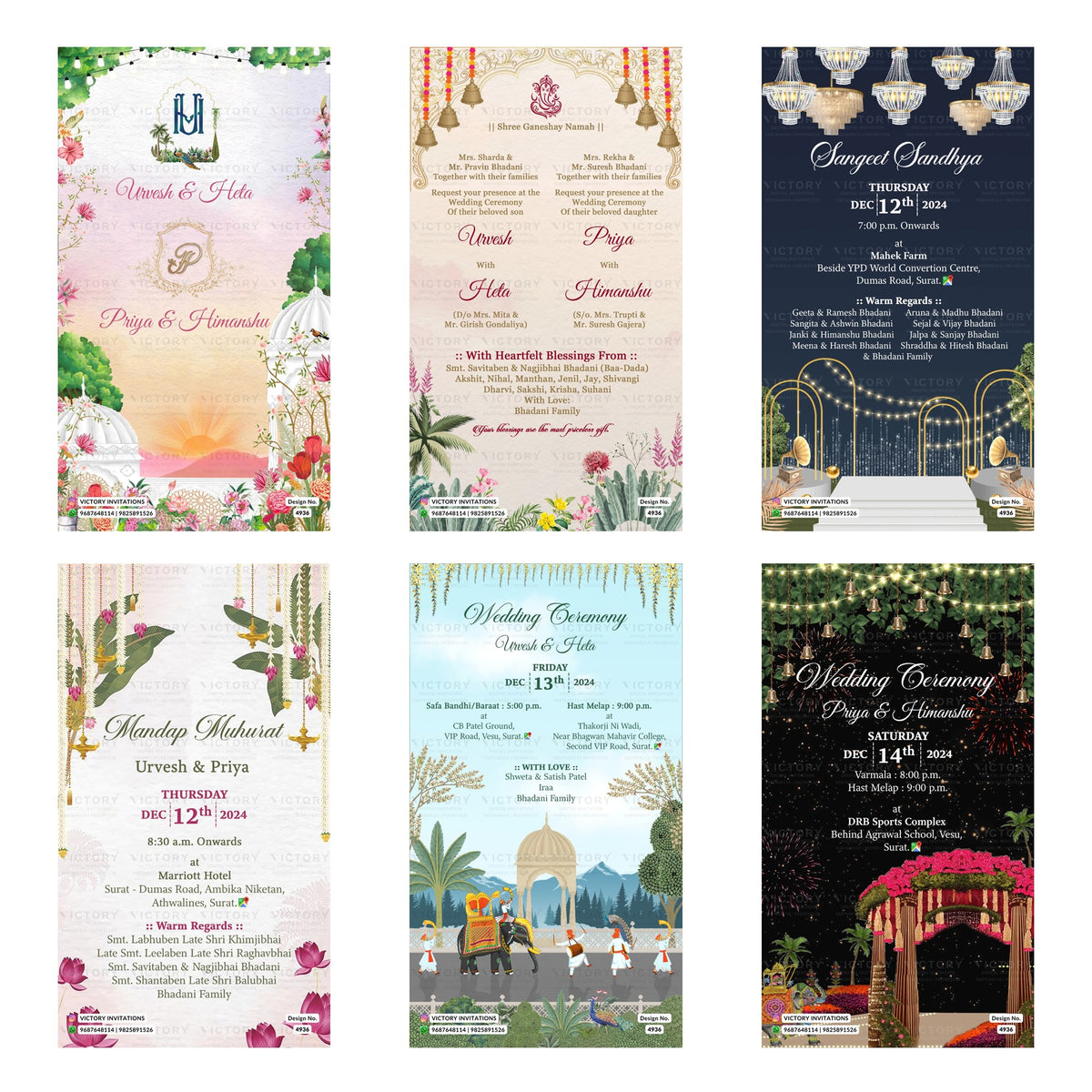 Indian wedding digital invitation card set 4936 featuring Urvesh and Heta, Priya and Himanshu, Sangeet Sandhya, Mandap Muhurat, and Wedding Ceremony templates.