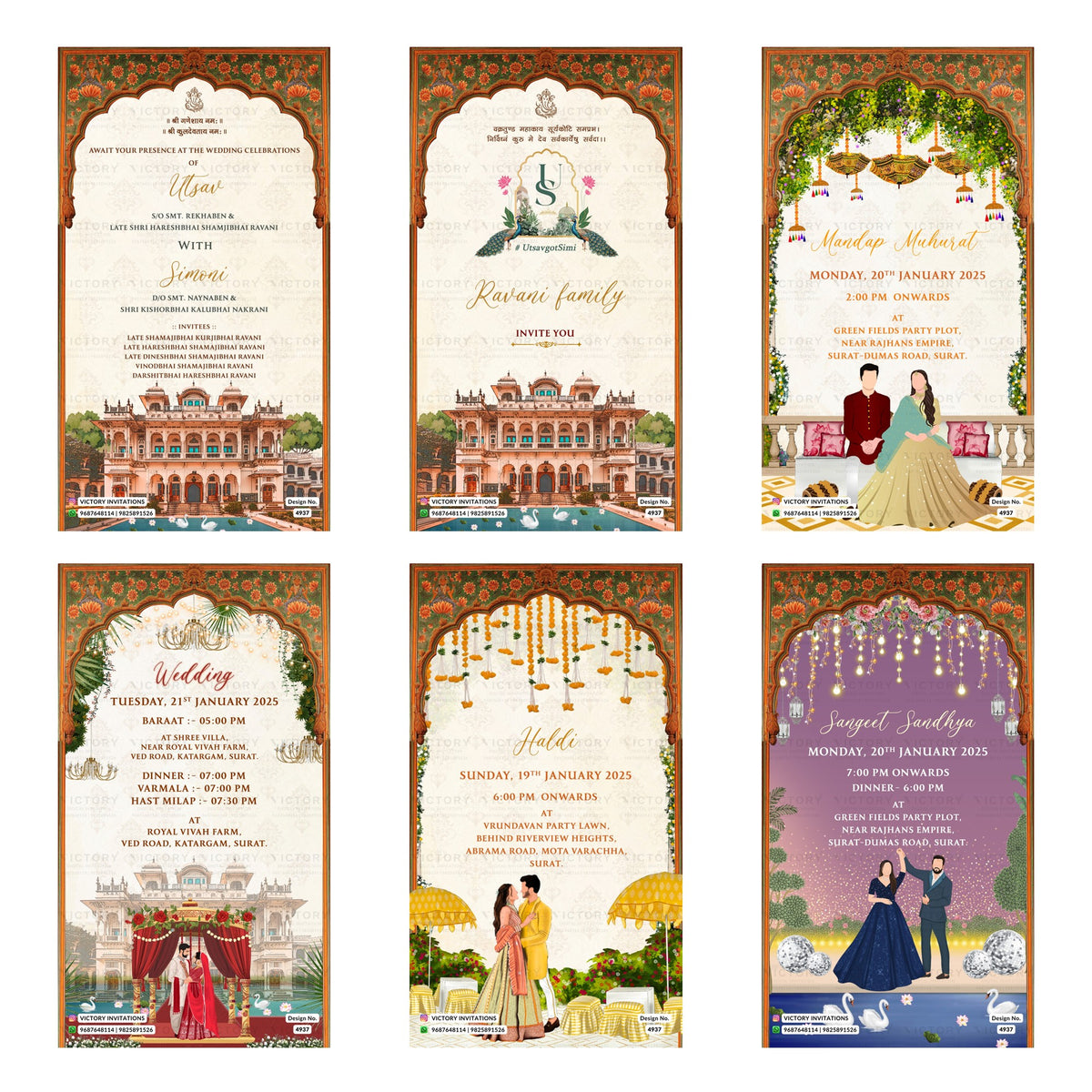 Traditional Indian wedding digital invitation card set 4937 featuring Utsav and Simoni, Mandap Muhurat, Wedding, Haldi, and Sangeet Sandhya templates.