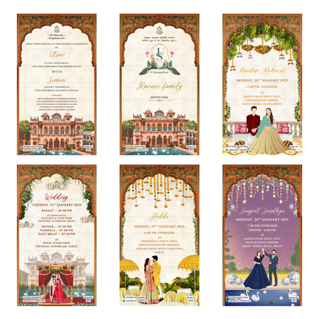 Traditional Indian wedding digital invitation card set 4937 featuring Utsav and Simoni, Mandap Muhurat, Wedding, Haldi, and Sangeet Sandhya templates.