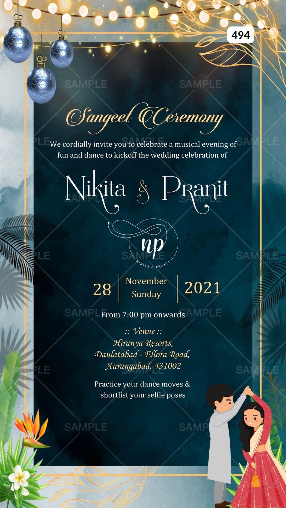 Sangeet Sandhya Ceremony invitation card Canva Editable Template in english language with string lights, couple logo as floral theme design 494