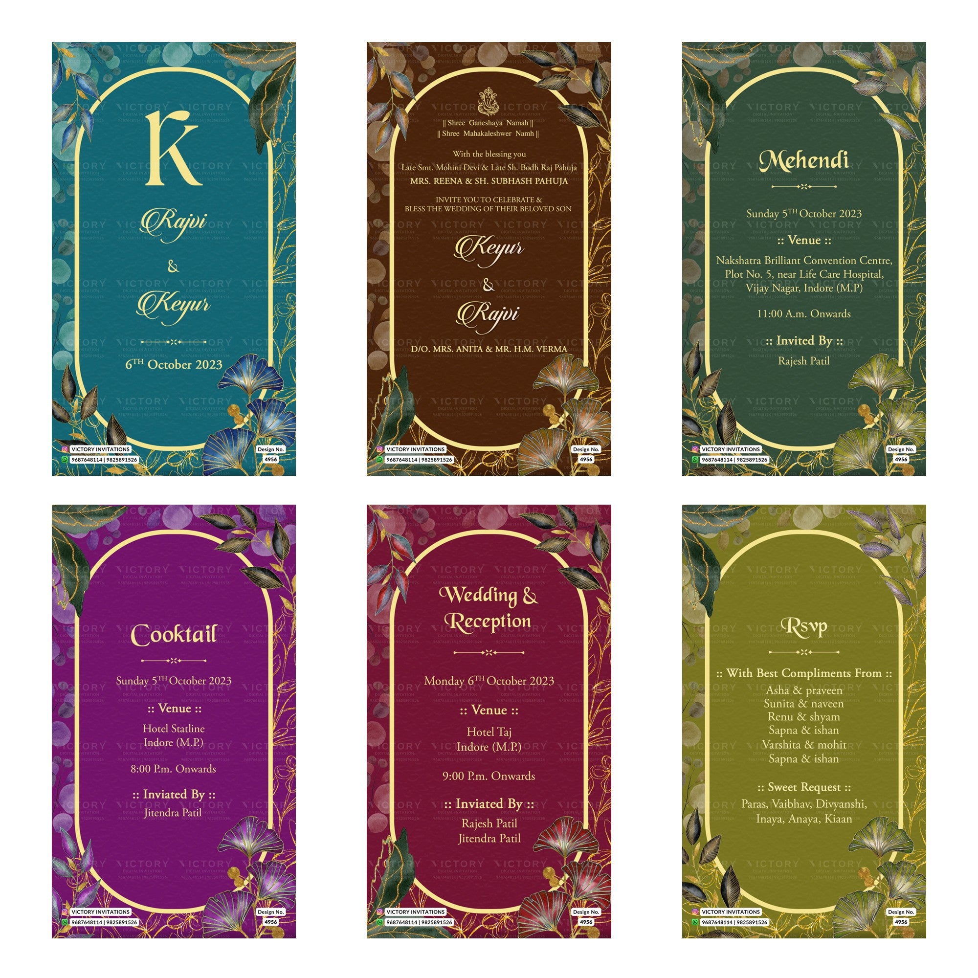 Royal Indian wedding digital invitation card set 4956 featuring Rajvi and Keyur, Mehendi, Cocktail, Wedding & Reception, and RSVP templates.