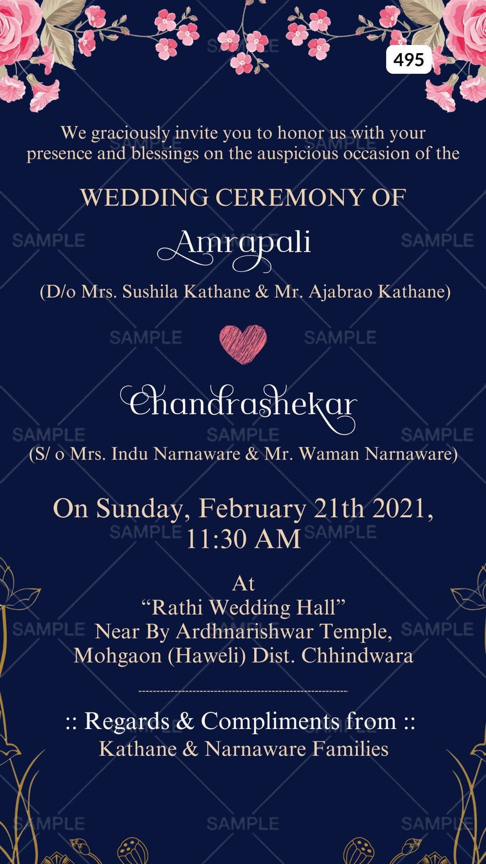 Wedding ceremony invitation card Canva Editable Template of hindu north indian in english language with Floral theme design 495