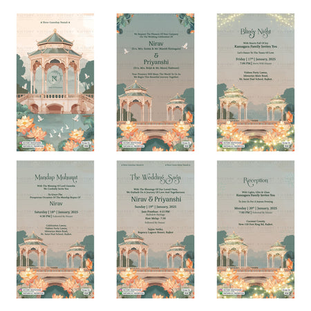 Elegant Indian wedding digital invitation card set 4968 featuring Nirav and Priyanshi, Blingy Night, Mandap Muhurat, The Wedding Saga, and Reception templates.