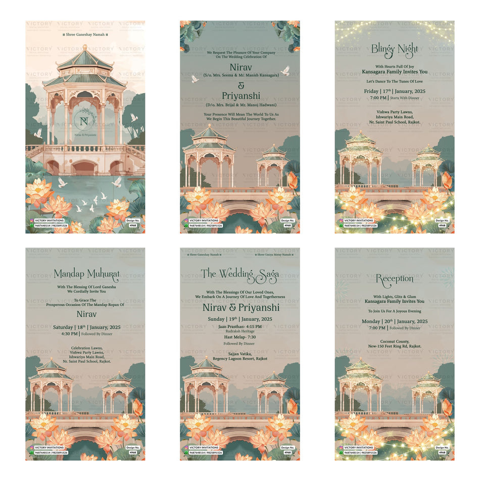 Elegant Indian wedding digital invitation card set 4968 featuring Nirav and Priyanshi, Blingy Night, Mandap Muhurat, The Wedding Saga, and Reception templates.