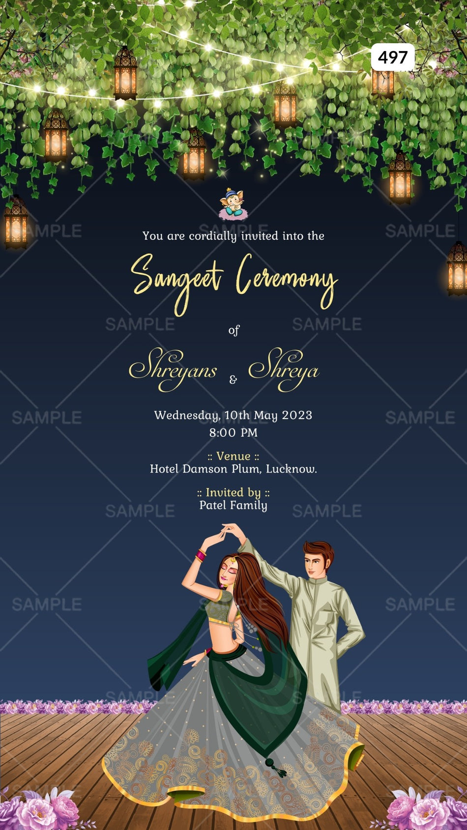 Sangeet Sandhya Ceremony invitation card Canva Editable Template in english language with sangeet couple doodle, lantern as night view theme design 497