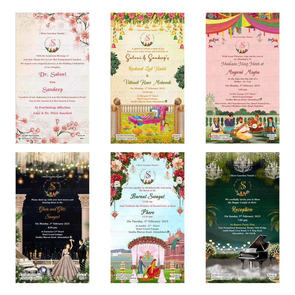 Floral Indian wedding digital invitation card set 4993 featuring Dr. Saloni and Sandeep, Radiant Zest Haldi, Vibrant Hues Mehendi, Magical Mayra, Glam and Glitz Sangeet, and Reception templates.