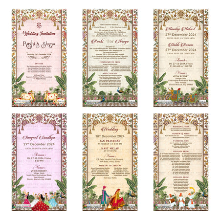 Traditional Indian wedding digital invitation card set 4955 featuring Rushi and Shreya, Mandap Muhurt, Haldi Rasam, Sangeet Sandhya, and Hast Melap templates.