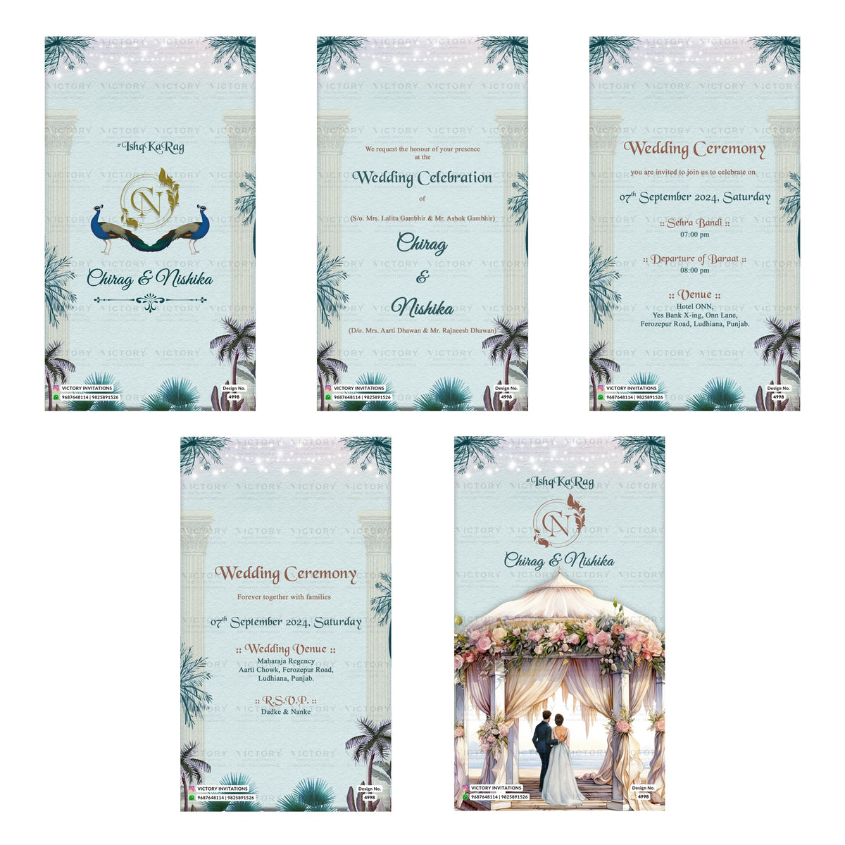 Tropical beach themed Indian wedding digital invitation card set 4998 featuring Wedding Celebration, Sehra Bandi, Departure of Baraat, and Ceremony templates.