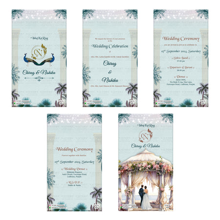 Tropical beach themed Indian wedding digital invitation card set 4998 featuring Wedding Celebration, Sehra Bandi, Departure of Baraat, and Ceremony templates.