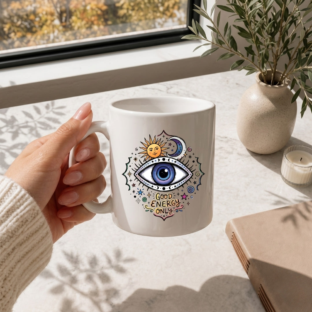 A hand holds a white ceramic mug with a colorful eye-of-providence design and the text 'GOOD ENERGY ONLY' near a window, with a potted plant, candle, and book in the background.
