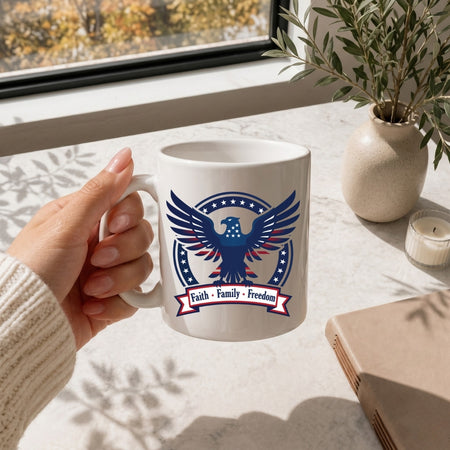 A hand holding a white ceramic mug featuring a patriotic eagle graphic and the text "Faith • Family • Freedom".