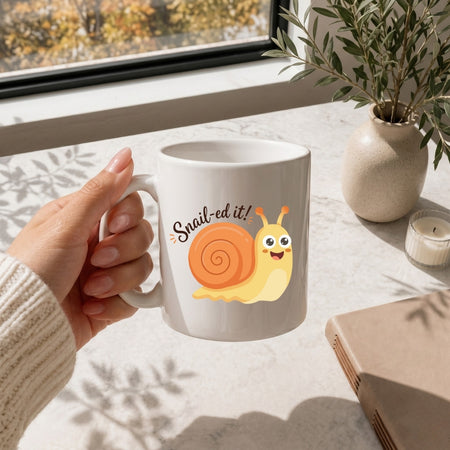 A person holding a white ceramic mug featuring a smiling cartoon snail graphic and the text "Snail-ed it!".