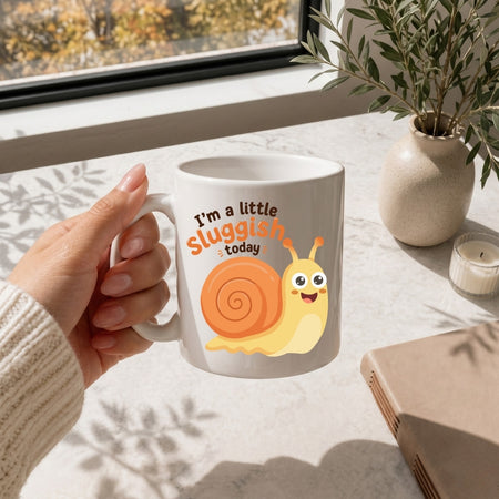A person holding a white ceramic mug featuring a cute, smiling cartoon snail graphic and the text "I’m a little sluggish today."