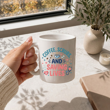 A hand holds a white ceramic mug with a colorful graphic that reads 'COFFEE, SCRUBS AND SAVING LIVES' in blue and pink lettering, styled on a light marble tabletop near a window with a plant and candle.