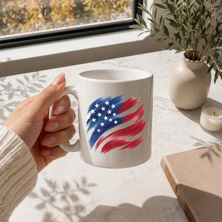 A woman holding a white ceramic mug featuring a stylized brushstroke American flag graphic.