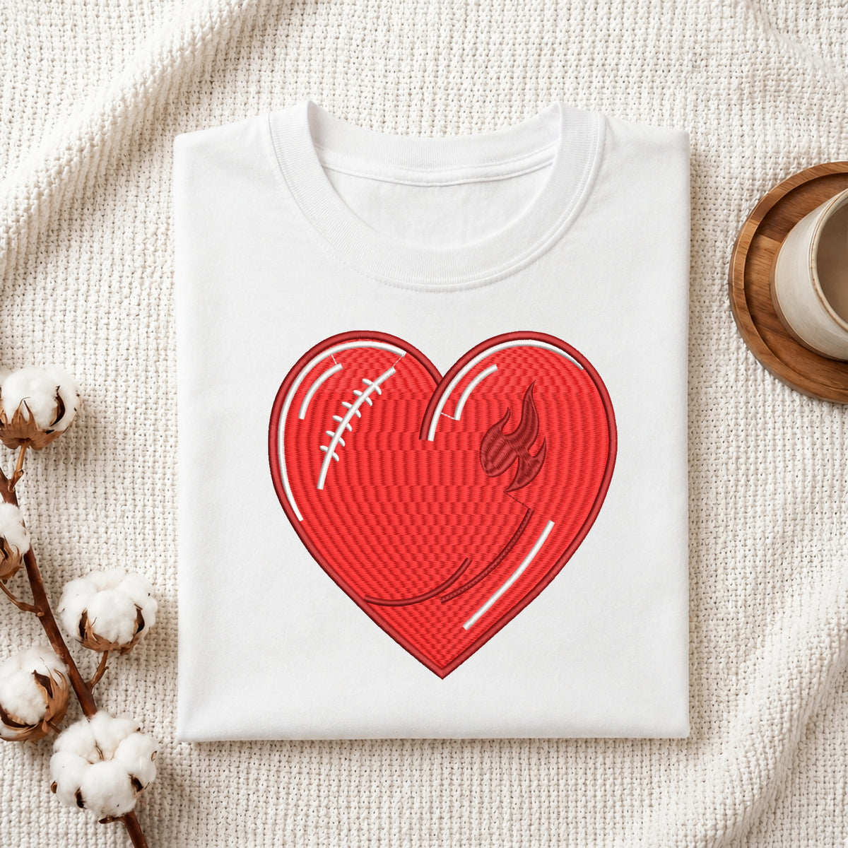 A folded white crewneck t-shirt with a red heart-shaped graphic on the front, styled in a flat-lay arrangement on a textured cream fabric with cotton bolls and a wooden cup.