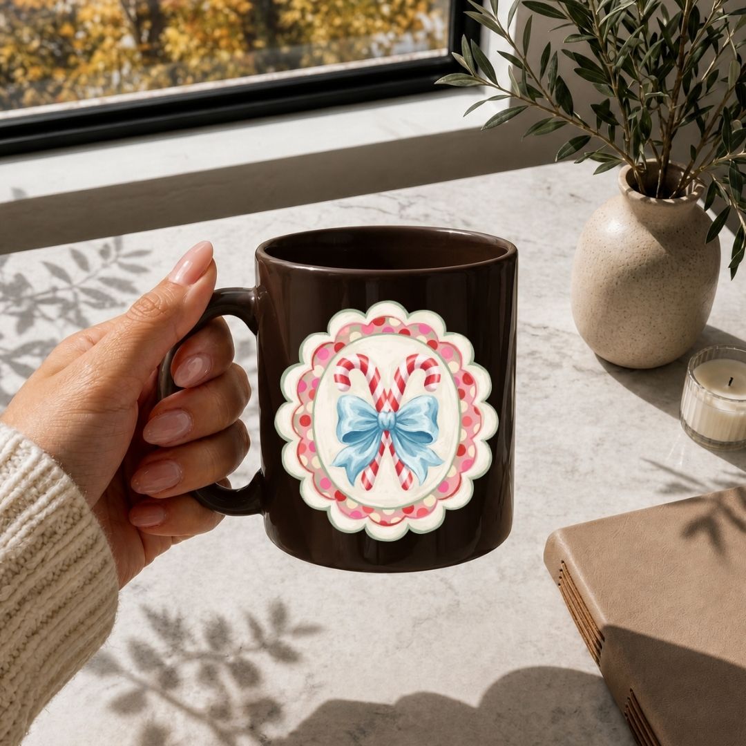 A hand holds a dark brown ceramic mug with a colorful circular butterfly design on the front, set in a sunlit indoor scene near a window with a plant and candle in the background.