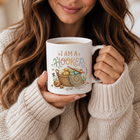 A woman in a cream knit sweater holds a white ceramic mug with a colorful illustration of a basket of hooks and yarn, with the text 'I AM A HOOKER' on the front.