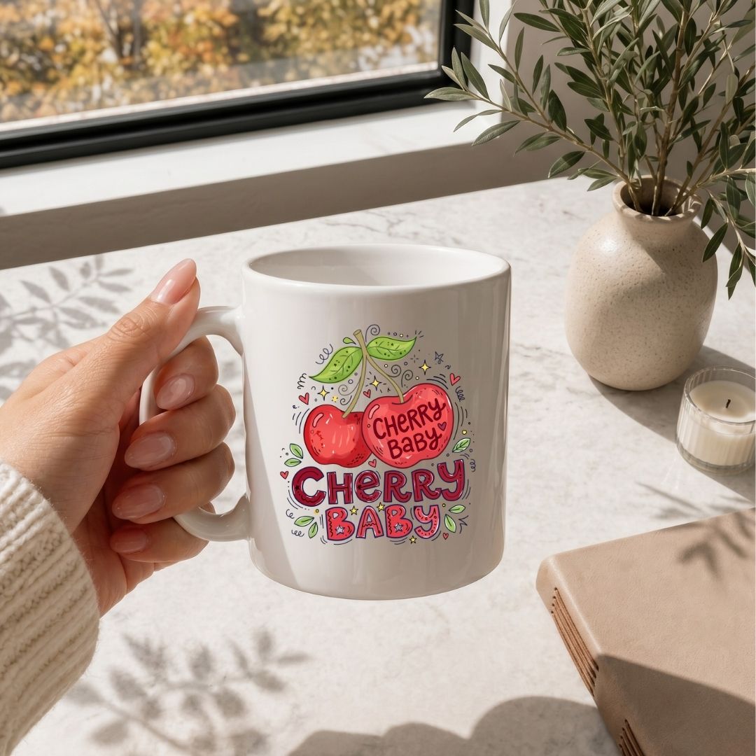 Hand holding a white mug with 'Cherry Baby' design on a table with a window and plant in the background