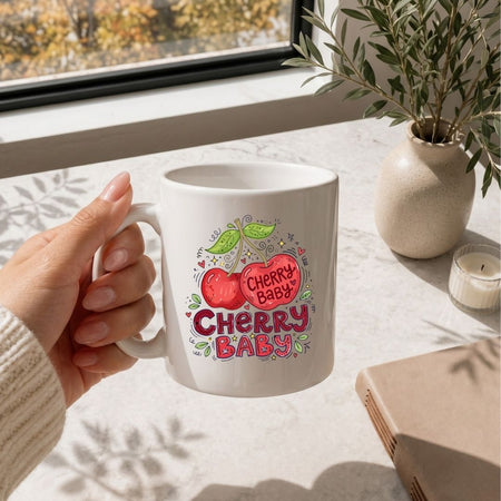 Hand holding a white mug with 'Cherry Baby' design on a table with a window and plant in the background