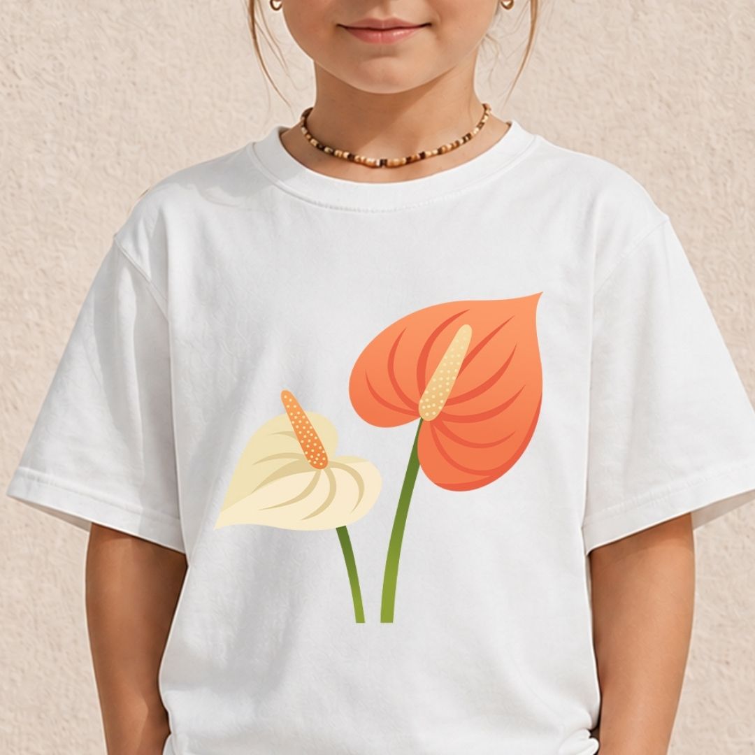 Young girl wearing a white crewneck t-shirt featuring a graphic illustration of peach and cream tropical Anthurium flowers.