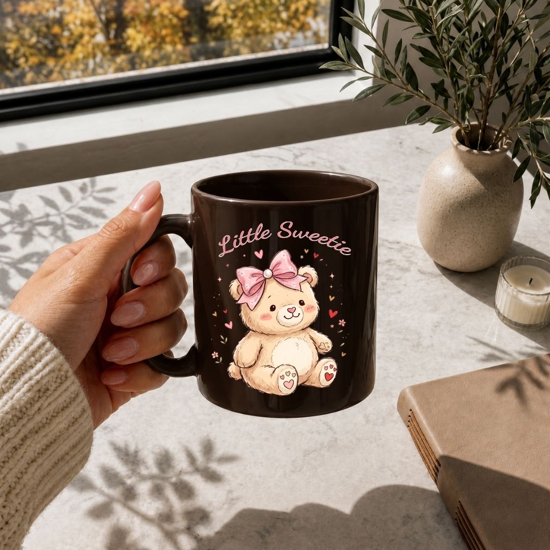 Dark Brown Ceramic Mug with Teddy Bear Design Mockup