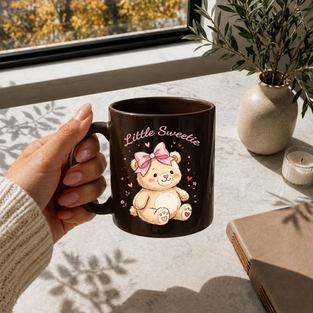 Dark Brown Ceramic Mug with Teddy Bear Design Mockup