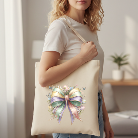 Woman holding a tote bag with a colorful bow design in a bright room.