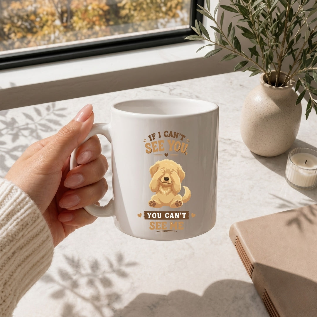 Hand holding a white coffee mug printed with the adorable peek-a-boo golden retriever puppy and humorous text.