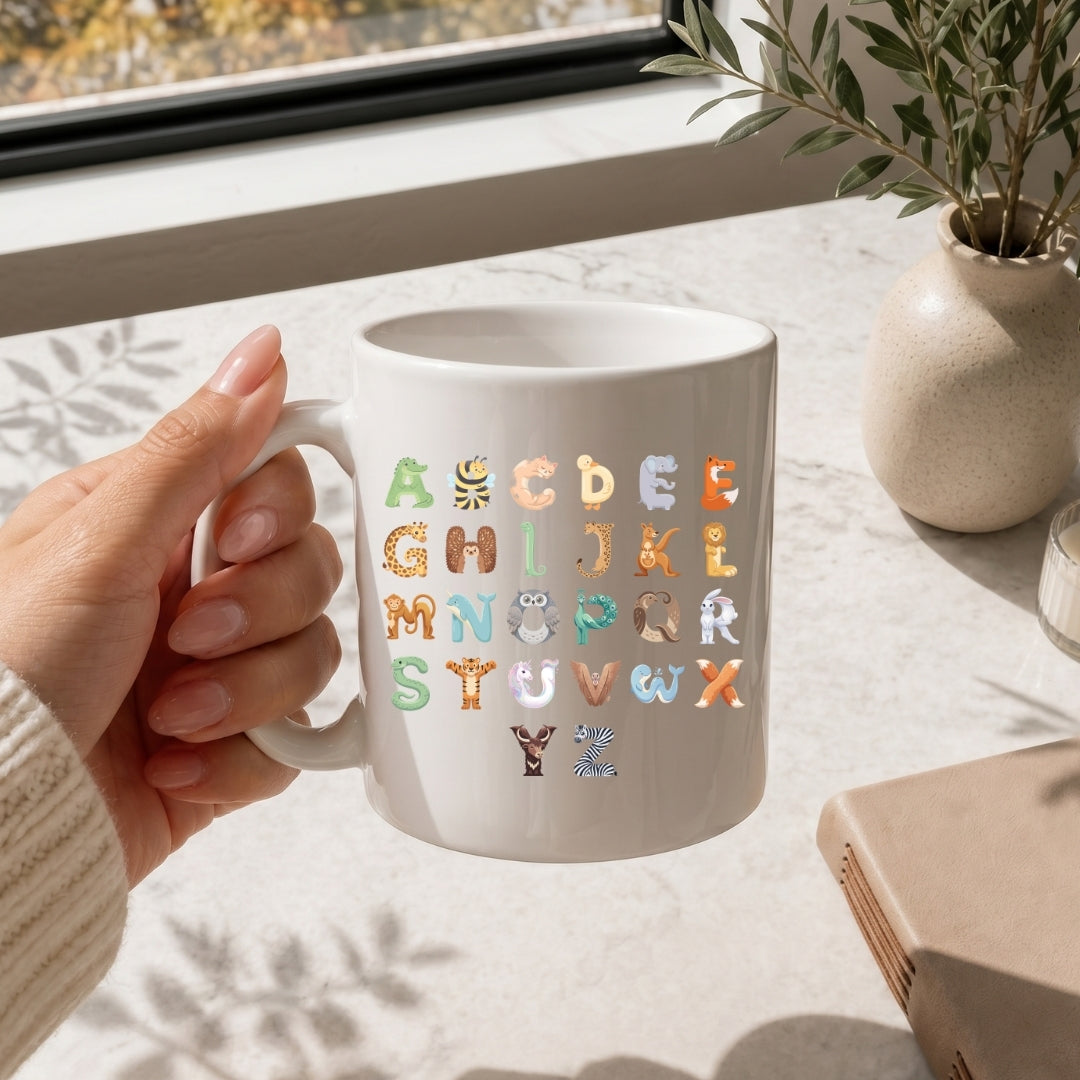 Hand holding a white ceramic coffee mug printed with the adorable A-Z animal alphabet graphic.