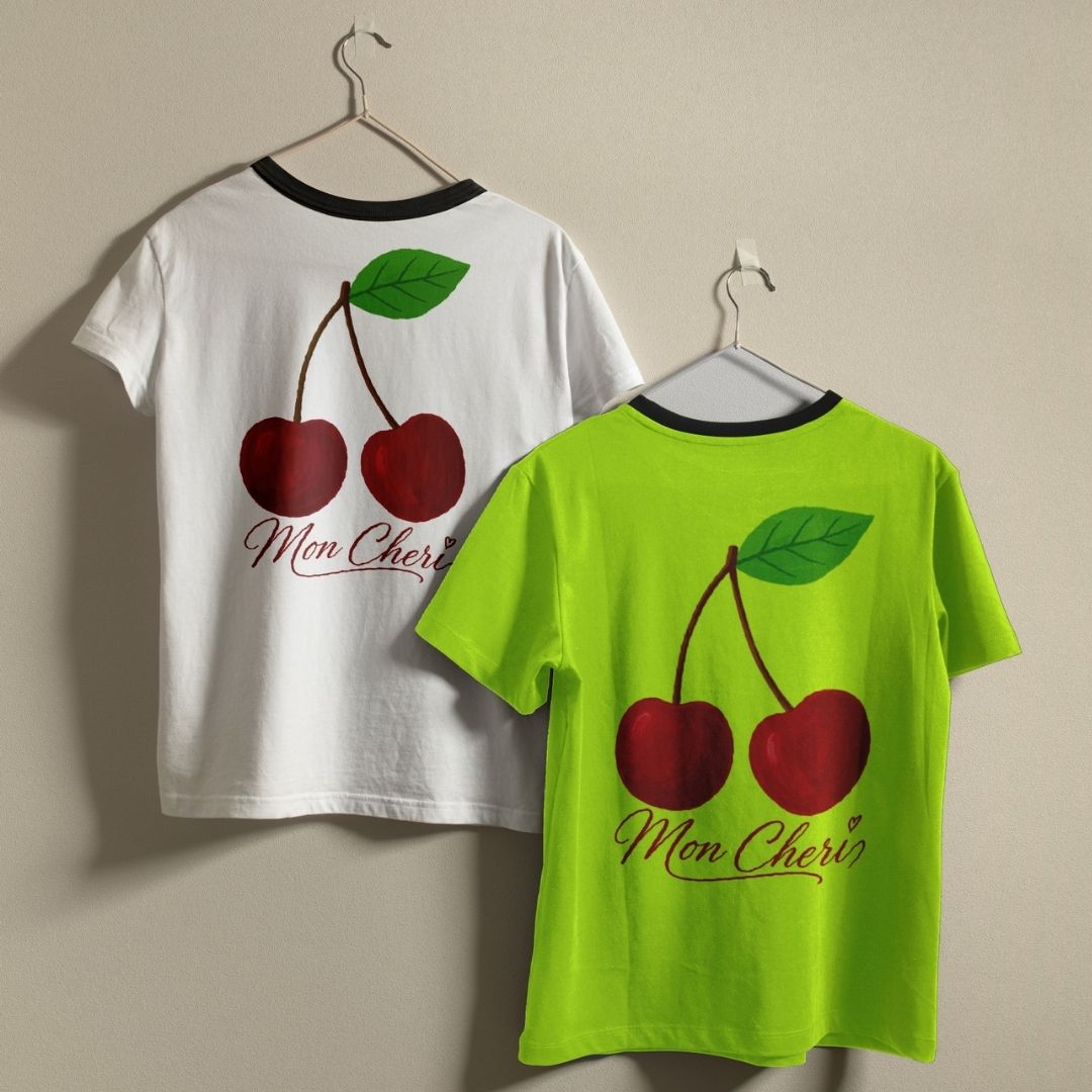 Mon Cheri Cherry Tee Design SVG, Trendy Coquette Botanical Apparel, Commercial Use Digital Cut File