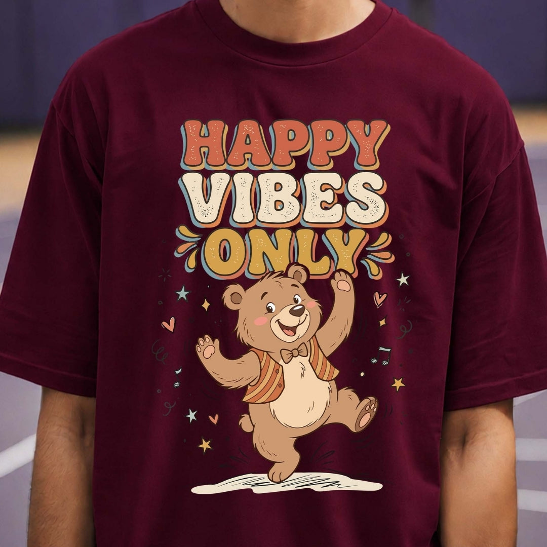 Maroon t-shirt with a bear graphic and 'Happy Vibes Only' text.