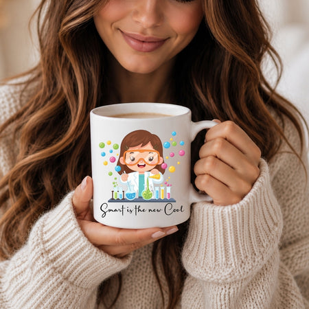 Two stainless steel tumblers with straws, each decorated with a girl scientist graphic and the text "Smart is the new Cool."