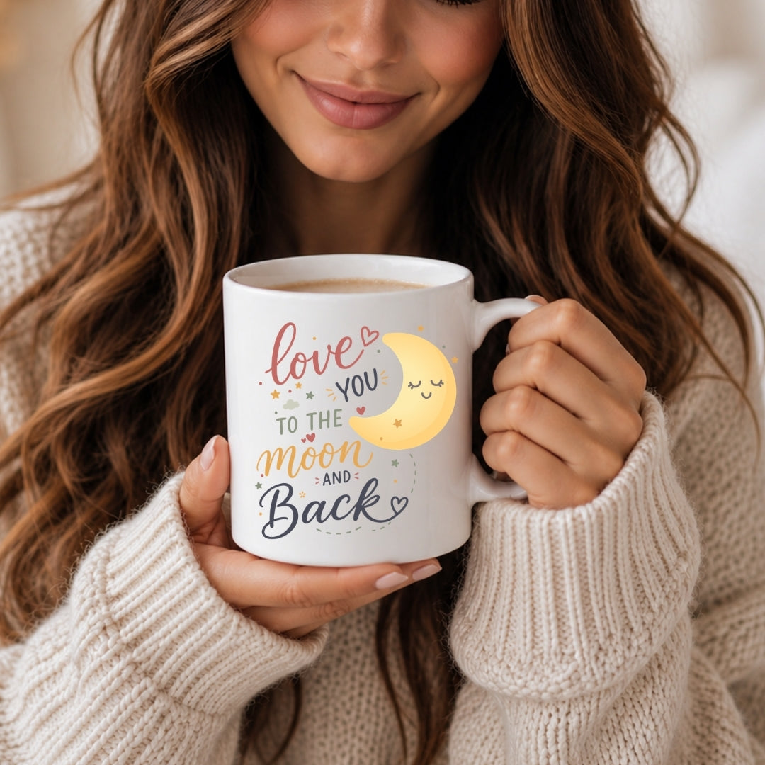 A hand holding a white ceramic mug featuring a moon graphic and the text "Love you to the moon and back."