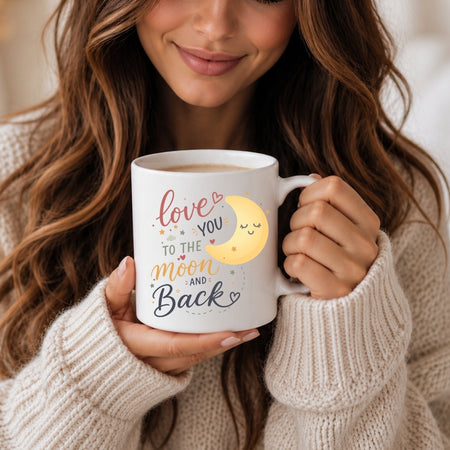 A hand holding a white ceramic mug featuring a moon graphic and the text "Love you to the moon and back."