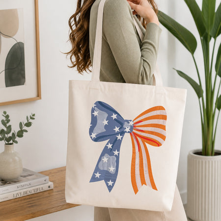 Canvas Tote Bag Mockup with Patriotic Bow Design