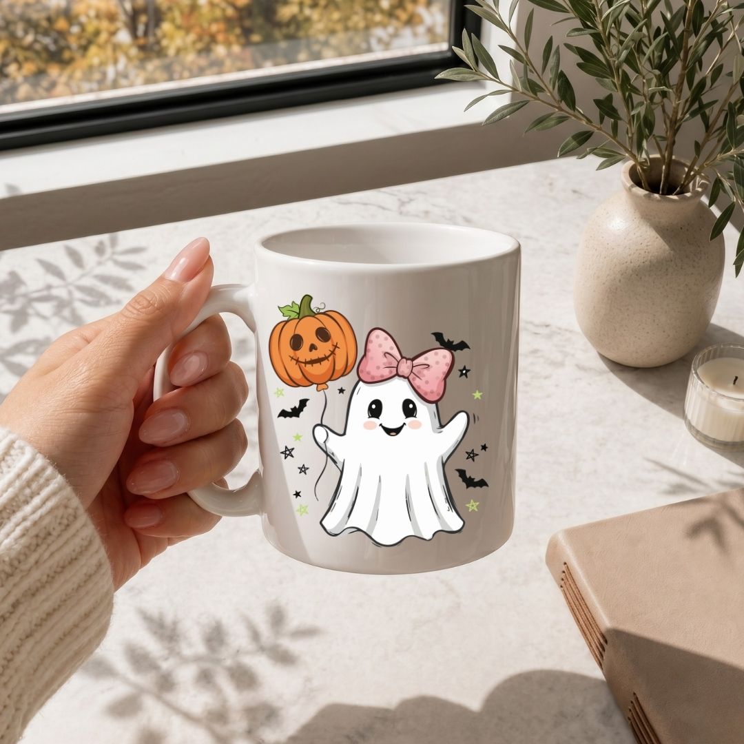 A hand holding a white ceramic mug with a cute Halloween graphic of a white ghost wearing a pink bow next to an orange jack-o'-lantern pumpkin, set on a light marble tabletop near a window.