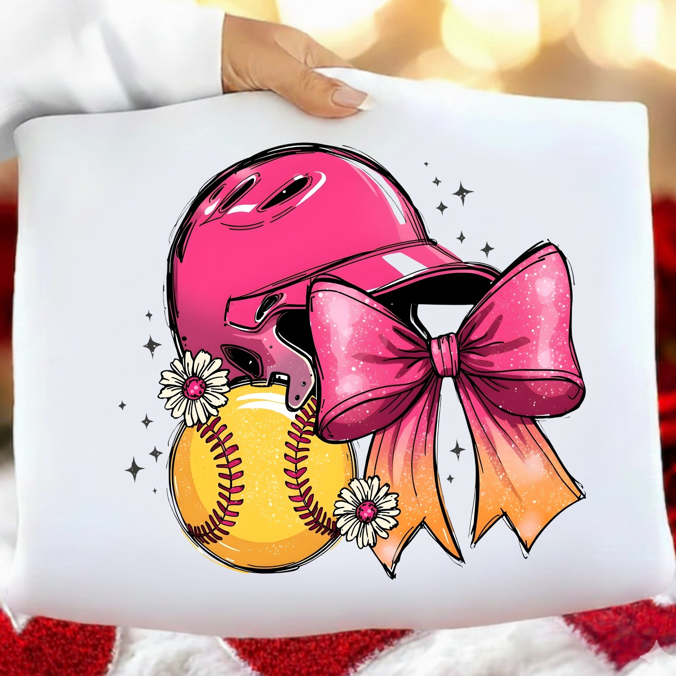 A white square fabric item, likely a pillow or cushion cover, held by a hand. The fabric features a colorful graphic illustration of a pink softball helmet, a yellow softball, a large pink and orange bow, and small white daisies with pink centers, set against a blurred festive background.