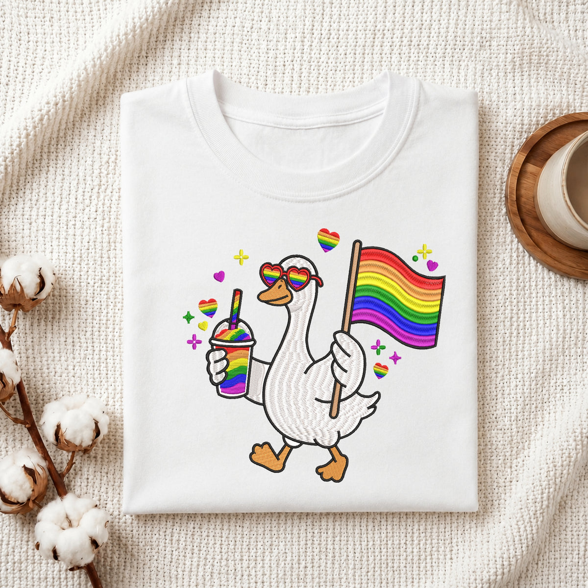 Folded white t-shirt mockup with an embroidery design of a cute goose wearing rainbow sunglasses and holding a pride flag.