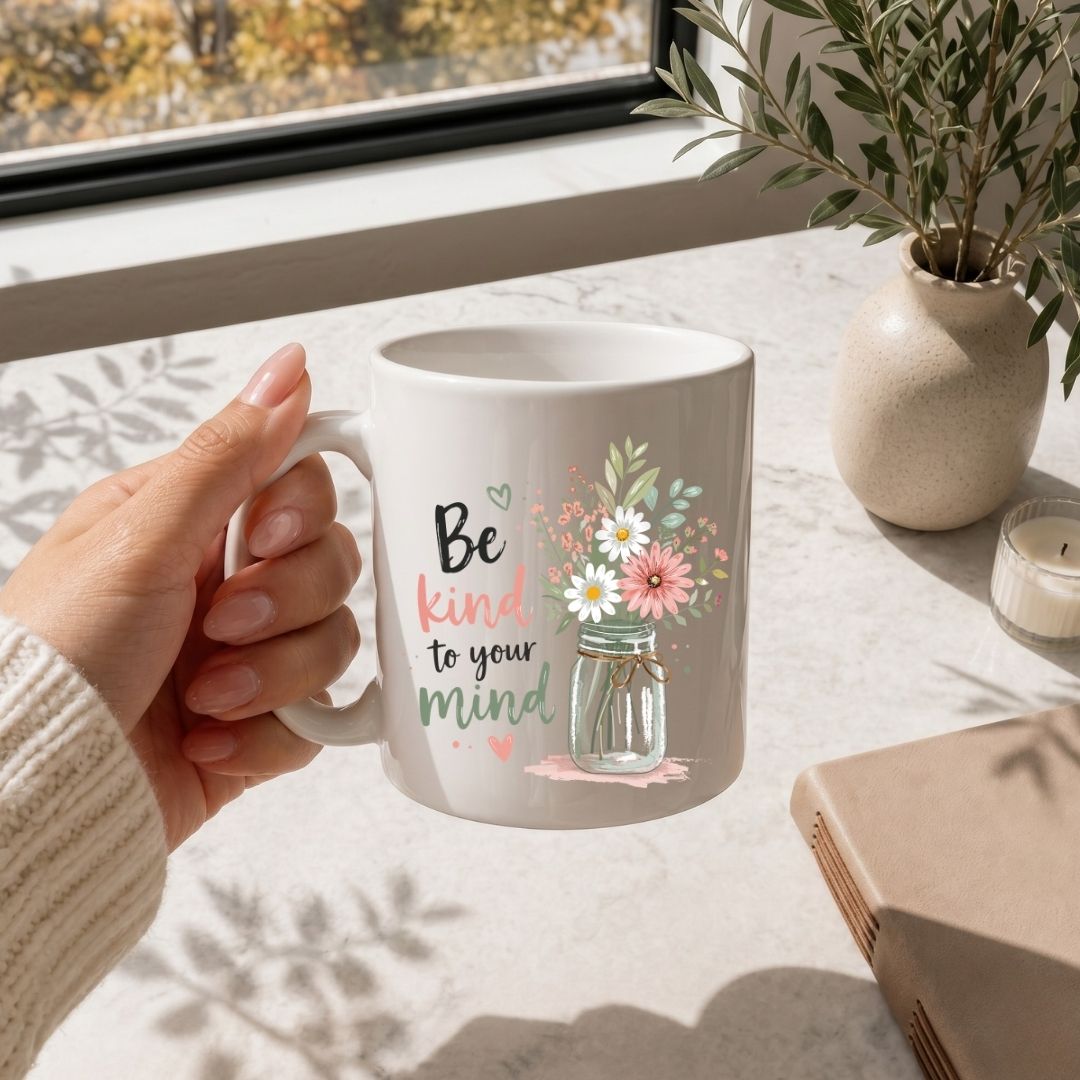 Mental Health Coffee Mug SVG, Be Kind To Your Mind Cup Design, Floral Mason Jar Transparent PNG Wrap