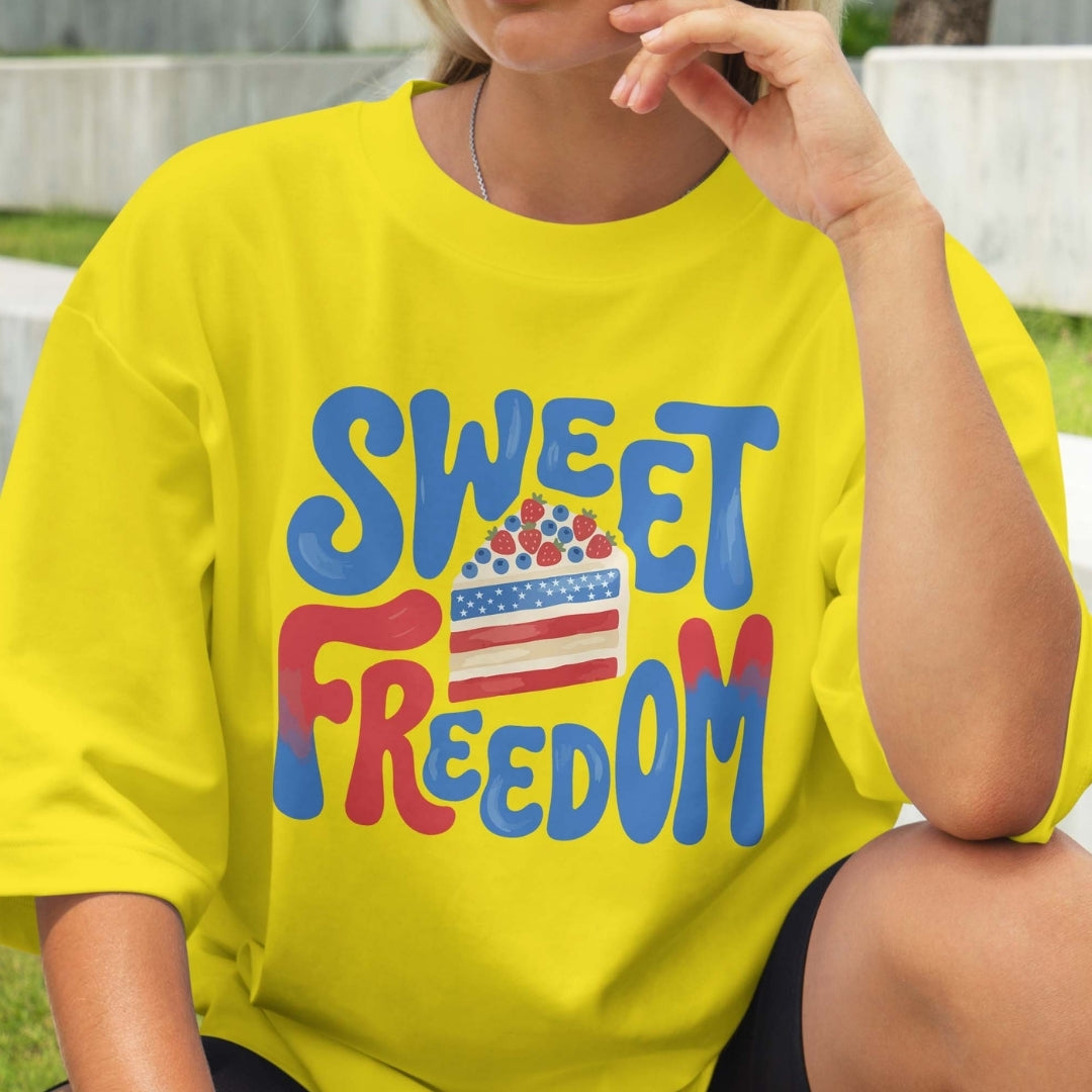 Groovy Sweet Freedom PNG | Oversized Yellow 4th of July Tee Sublimation