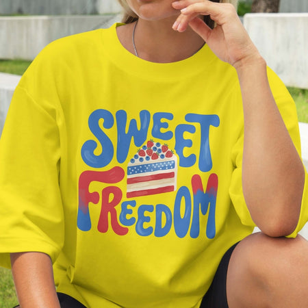 Groovy Sweet Freedom PNG | Oversized Yellow 4th of July Tee Sublimation