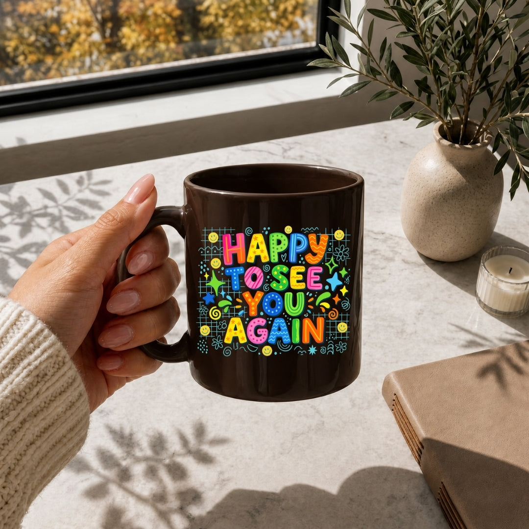 A hand holding a dark brown ceramic mug with a colorful retro-style graphic that reads 'HAPPY TO SEE YOU AGAIN' in multicolored letters, set in a warm, sunlit room next to a window and a small potted plant.