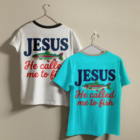 A white ringer t-shirt with a black collar and a solid cyan blue t-shirt hanging on a wall, showcasing the custom trout graphic print.