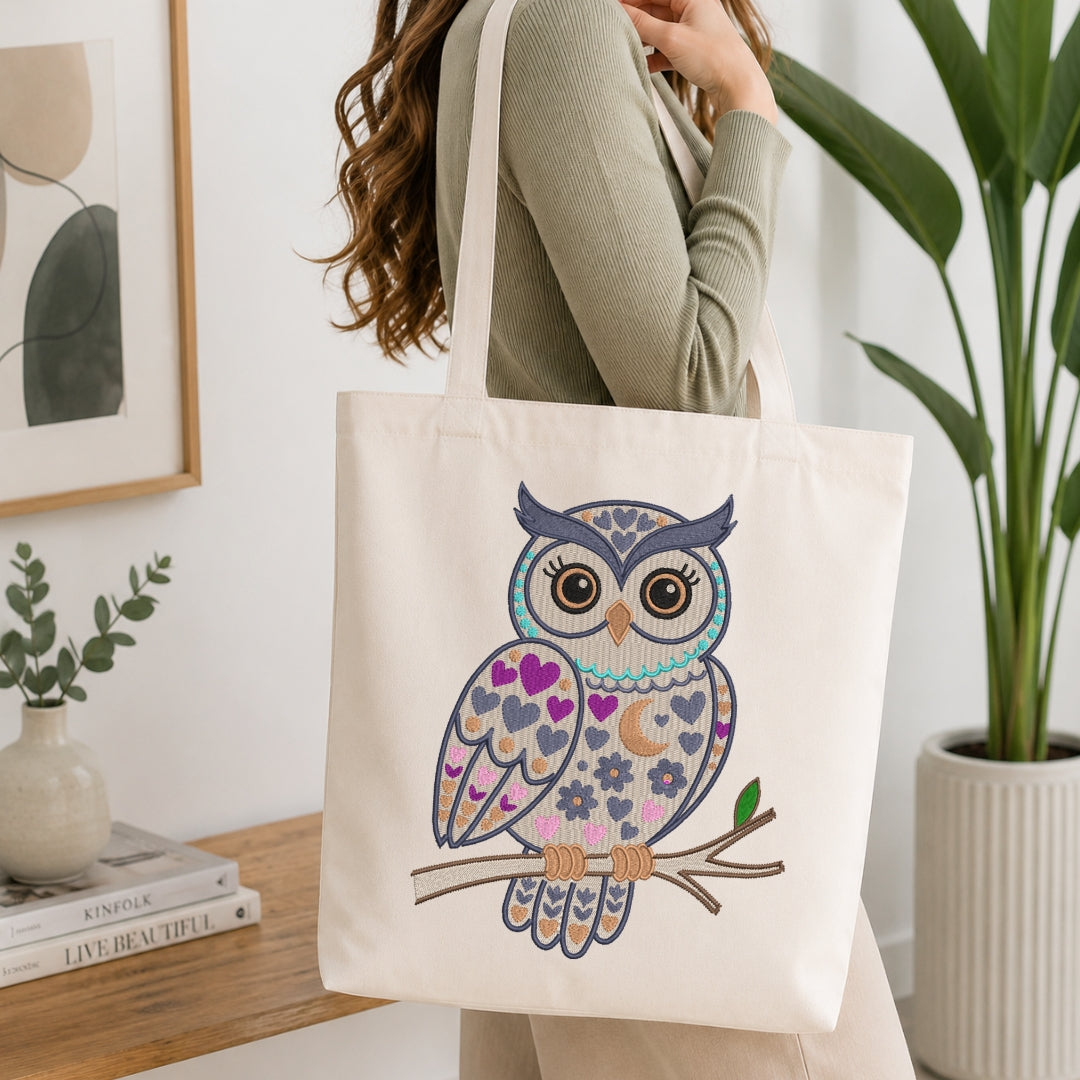 A woman holds a cream canvas tote bag featuring a colorful embroidered owl design with hearts, crescent moons, and floral patterns on a branch. The setting is a bright, modern room with a wooden table, books, a potted plant, and framed wall art.